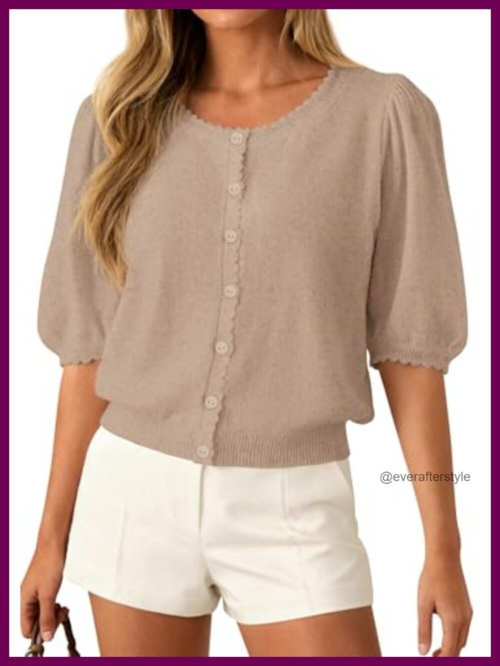 Lightweight Knit Short Sleeve Cardigan Puff Sleeve Scalloped Edge Button Front